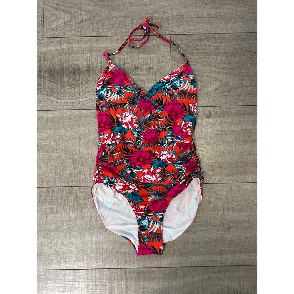 Sunn Lab Tropical Floral One Piece Swimsuit Halter Ruched Pink Orange Vacation M